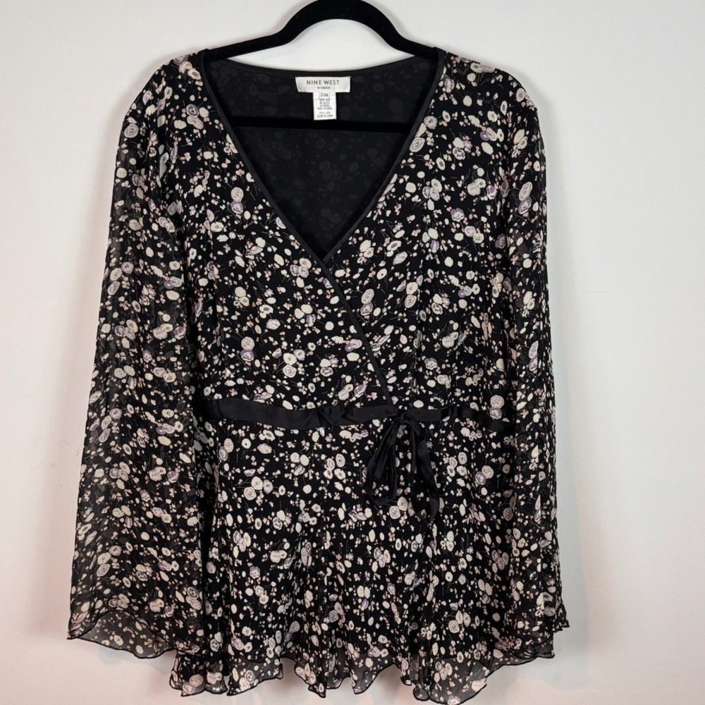 VTG Nine West 100% Silk Floral‎ Sheer Sleeve Baby Doll Lined Blouse Womens 24W